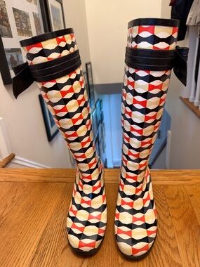 Vintage Kate Spade Geometric Print Tall Rain Boot w/ Bow | Size 7 | Worn Twice